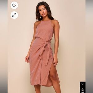 Lulus Amalfi Muse Rust Brown Striped Cutout Faux Wrap Midi Dress